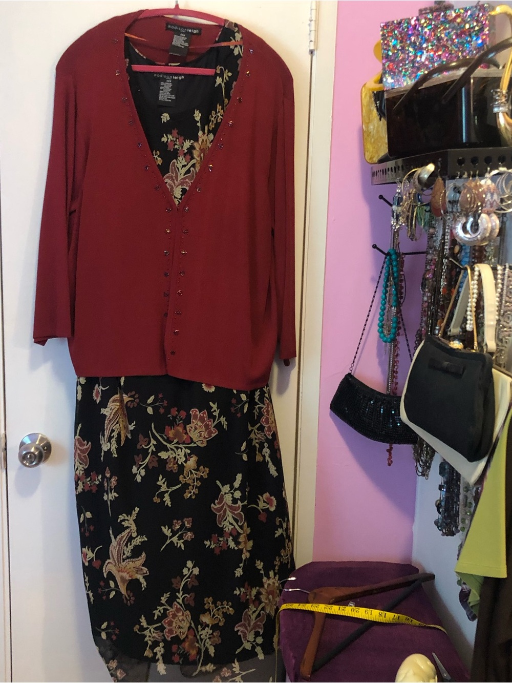 Studio Works Red Layered Cardigan with Black Floral Maxi Skirt